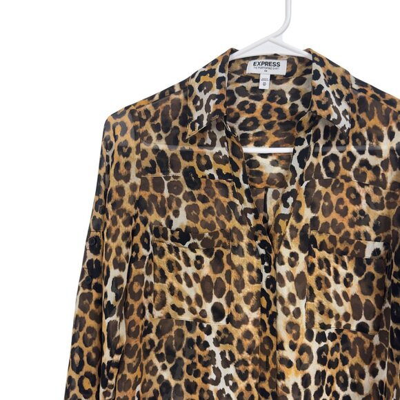 Express Leopard Print Long Sleeve Portofino Shirt Sz XS Sheer Button Down Blouse - Picture 2 of 13